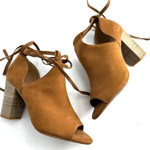 NEW BC Faux Suede Open Toe Brown Strappy Lace Up Bootie Size 6 Every Day Comfort